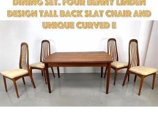 Lot 1501 5pc Danish Modern Teak Dining Set. Four BENNY LINDEN DESIGN Tall Back Slat Chair and Unique Curved e