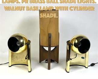 Lot 1502 3pc Modernist Table Lamps. Pr Brass Ball Shade Lights. Walnut Base Lamp with Cylinder Shade. 