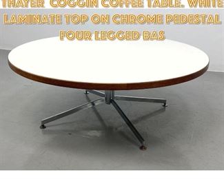 Lot 1522 MILO BAUGHMAN for THAYER COGGIN Coffee Table. White Laminate Top on Chrome Pedestal Four Legged Bas