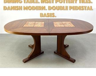 Lot 1529 Rosewood and Tile Dining Table. Inset pottery Tiles. Danish Modern. Double Pedestal Bases. 