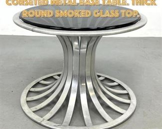 Lot 1538 RUSSELL WOODARD Corseted Metal Base Table. Thick Round Smoked Glass Top.