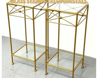 Lot 1555 Pr Gold Painted Metal and Glass Stands Tall Pedestals. 