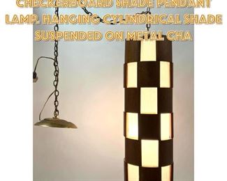 Lot 1568 Mid Century Walnut Checkerboard Shade Pendant Lamp. Hanging Cylindrical shade suspended on metal cha