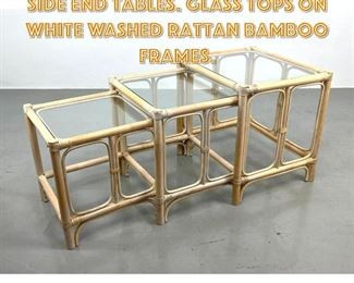 Lot 1571 Set Three Nesting Rattan Side End Tables. Glass Tops on white washed rattan Bamboo Frames. 