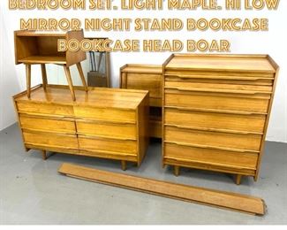Lot 1572 5pc. CRAWFORD Modern bedroom set. Light maple. Hi low mirror night stand bookcase bookcase head boar