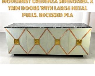 Lot 1577 Decorator Marble Top Modernist Credenza Sideboard. X Trim Doors with large metal pulls. Recessed pla