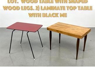 Lot 1583 2pc Modernist Side Table Lot. Wood Table with shaped wood legs. 2 Laminate Top Table with black me