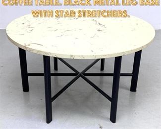 Lot 1617 Round Travertine Marble Coffee Table. Black Metal Leg Base with Star Stretchers.