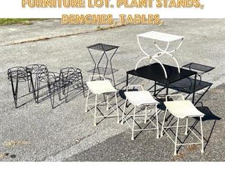 Lot 1623 10pc Outdoor Metal Furniture Lot. Plant Stands, Benches, Tables, 