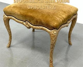 Lot 1629 French Carved Faux Bois Stool Bench with Suede Upholstery. 