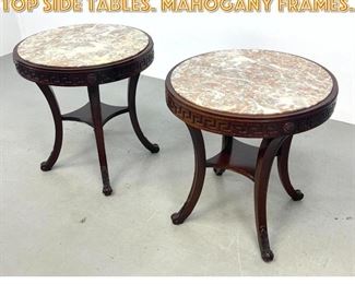 Lot 1649 Pair Round Top Marble Top Side Tables. Mahogany Frames. 