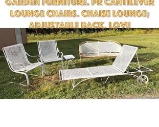 Lot 1662 4pc Outdoor Iron Garden Furniture. Pr Cantilever Lounge Chairs. Chaise Lounge Adjustable Back. Love