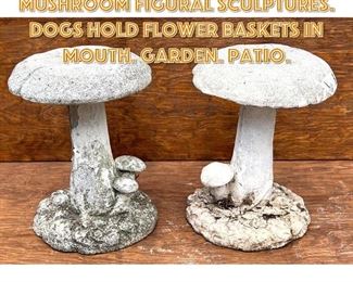 Lot 1671 Pr Concrete Outdoor Mushroom Figural Sculptures. Dogs hold flower baskets in mouth. Garden. Patio.
