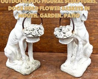 Lot 1672 Pr Painted Concrete Outdoor Dog Figural Sculptures. Dogs hold flower baskets in mouth. Garden. Patio