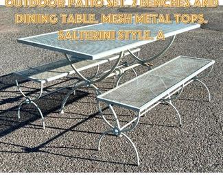 Lot 1683 3 pc Wrought Iron Outdoor Patio Set. 2 benches and Dining table. Mesh metal tops. Salterini Style. A