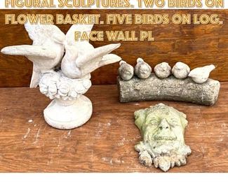 Lot 1686 3pc Outdoor Concrete Figural Sculptures. Two birds on flower basket. Five birds on log. Face Wall Pl