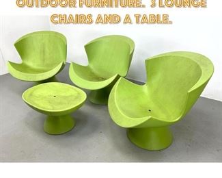 Lot 1688 4pcs Green Plastic Patio Outdoor Furniture. 3 Lounge Chairs and a Table.