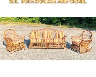 Lot 1692 3pc Vintage Rattan Porch Set. Sofa Rocker and Chair. 