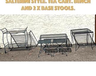 Lot 1706 5pc iron patio tables. Salterini style. Tea cart. Bench and 2 x base stools. 