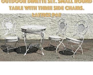 Lot 1708 4pc Painted White Lattice Outdoor Dinette Set. Small Round Table with Three Side Chairs. Lattice Pat