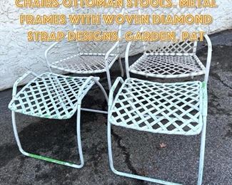 Lot 1717 4pc Outdoor Lounge Chairs Ottoman Stools. Metal frames with woven diamond strap designs. Garden, Pat