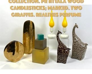 Lot 1725 7pc Modern Design Collection. Pr IITTALA Wood Candlesticks marked. Two Giraffes. REALITIES Perfume 