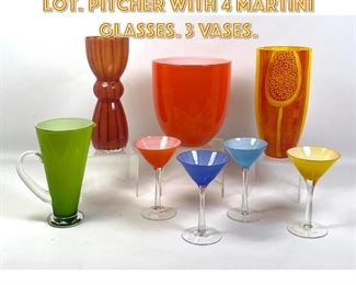 Lot 1726 8pc Colorful Art Glass Lot. Pitcher with 4 Martini Glasses. 3 Vases.