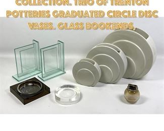 Lot 1728 8pc Modern Design Collection. Trio of TRENTON POTTERIES Graduated Circle Disc Vases. Glass Bookends,