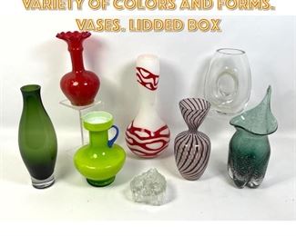 Lot 1731 8pc Art Glass Modern Lot. Variety of colors and forms. Vases. Lidded box