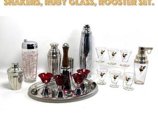 Lot 1733 Barware. Cocktail Shakers, Ruby glass, Rooster set. 