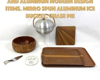 Lot 1740 Assorted Lot Teak, Wood and Aluminum Modern Design Items. MIRRO Spun Aluminum Ice Bucket. CHASE Pie 