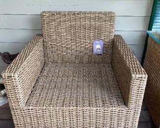Pier 1 indoor/outdoor chair - currently on screened in porch. 32" wide arm to arm. Cushion is 25" wide x 25" deep. Back to front 30.5" Floor to seat 18".  Floor to top of back 32". Asking $125.