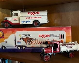Limited Edition Exxon Truck Bank, NIB Vintage 1995 Exxon #4 Race Car Carrier Truck w/ Ferrari Tiger (In Box) & 1925 Humble Oil Kenworth Tanker Coin Bank