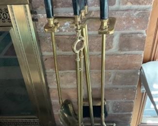 Vintage Marble and Brass 4 Piece Fireplace Tool Set