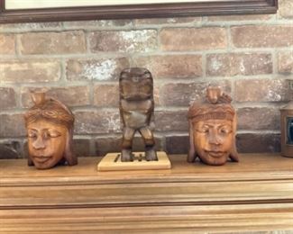 Vintage Pair of Carved Wooden Islander Women & Lina Vizcarra Wood Hand Carved Tiki Man Figure 
