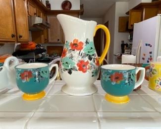 Pioneer Woman Teal Floral Flea Market Mugs & Flea Market Floral 2 quart Pitcher