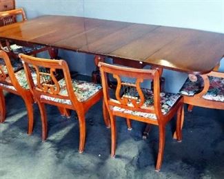 Dining Table With Drop Sides, 3 Leaves, And 6 Chairs With Harp Backs And Floral Seats, 30" H x 63" L (Each Leaf Adds 12") x 42" D