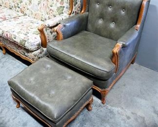 Leather Armchair With Matching Foot Stool, Carved Wood Legs, Brass Tack Design, 32" High