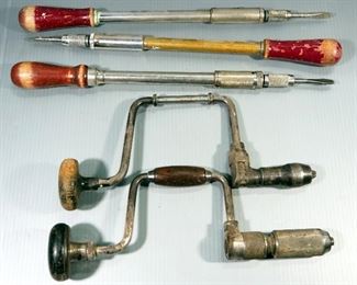 Yankee Spiral Ratchet Screwdrivers, Qty 3, And Carpenters Braces, Qty 2