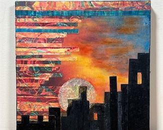 PATRICIA MILLER (20TH CENTURY) | NY Super Sunrise 2016
Mixed media paint on board
Cityscape, signed on verso
w. 8 x h. 8 in. (overall)