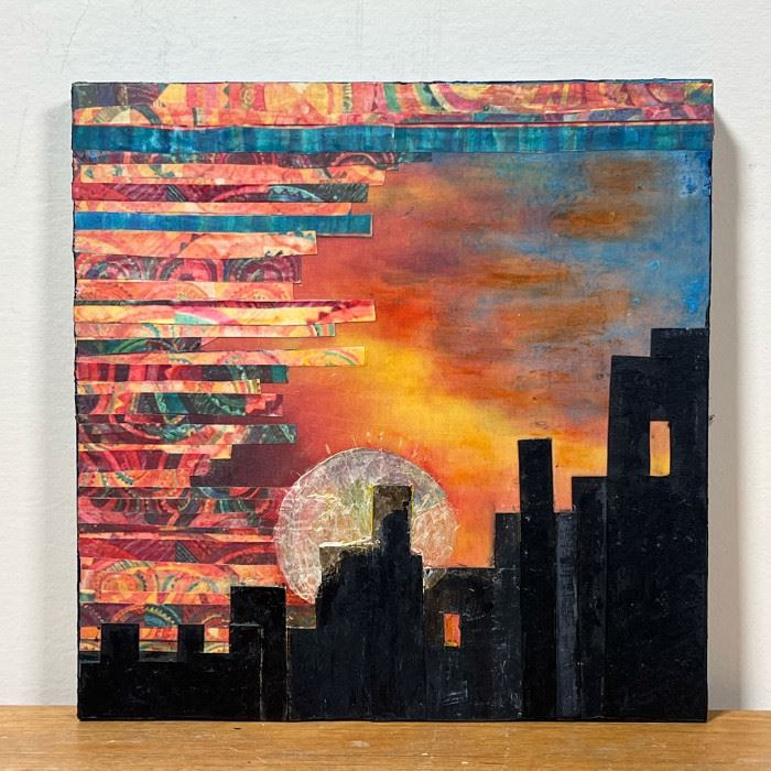 PATRICIA MILLER (20TH CENTURY) | NY Super Sunrise 2016
Mixed media paint on board
Cityscape, signed on verso
w. 8 x h. 8 in. (overall)