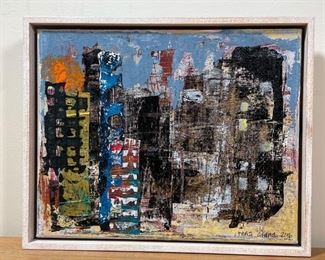 RENA DIANA (20TH CENTURY)  | 
Collage with paint on canvas
Signed and dated 2016 lower right
w. 10-3/4 x h. 8-3/4 in. (overall)