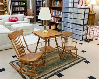 Vintage table, adult & children's rockers.