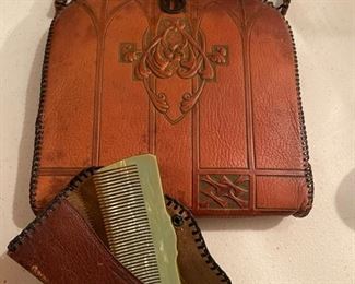 Gorgeous hand tooled leather clutch and comb..