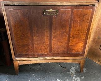 Mid-century Lane walnut drop-front record storage cabinet