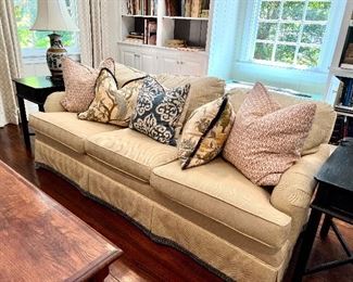 Charles Stewart for Hickory Chair sofa with custom fabric, custom down pillows, stunning solid wood coffee table with storage
