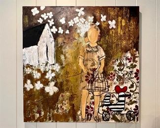 Girl with Wooden Rooster by Shelley Hopkins - Mixed Media on canvas - 40" x 40"