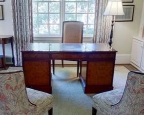 Englishmans Antiques Atlanta - Executive Desk with leather top and burled wood.