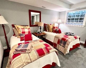 Another set of twin beds...wrapped and ready to go! Used briefly during the move. Like NEW. Pine Cone Hill Bedding and custom Schumacher pillows.