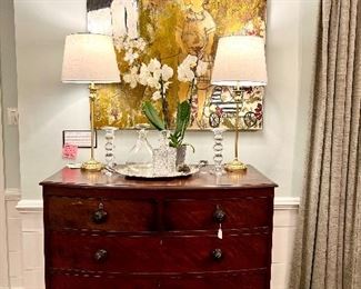 Solid mahogany chest of drawers, original oil painting by Shelley Hopkins